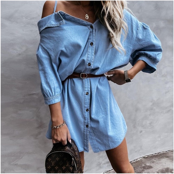 Denim Button Down Puff Sleeve One Shoulder Shirt Dress - Picture 2 of 10